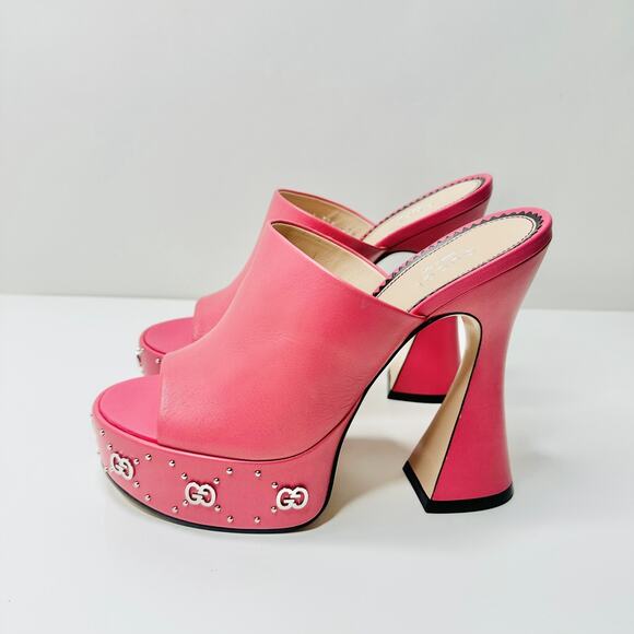 Gucci Janaya Studded GG 39.5/US 9 Platform Sandals Rhodamine Pink Spool Heel NIB - Picture 4 of 11